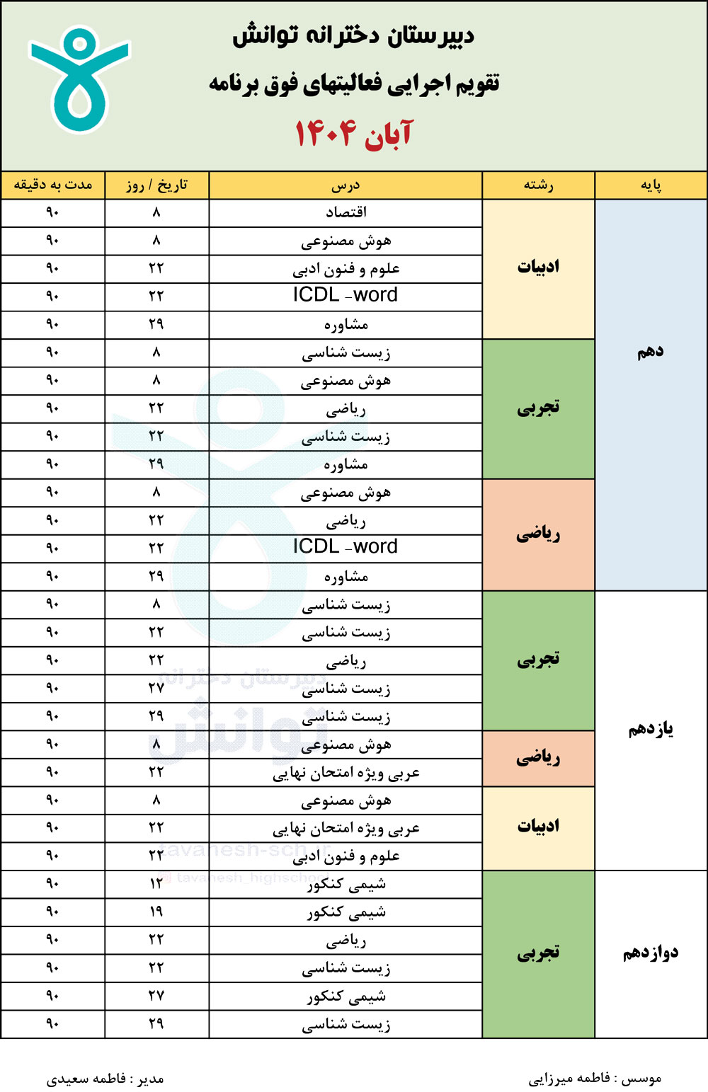 برنامه کلاس‌های فوق‌برنامه ۳